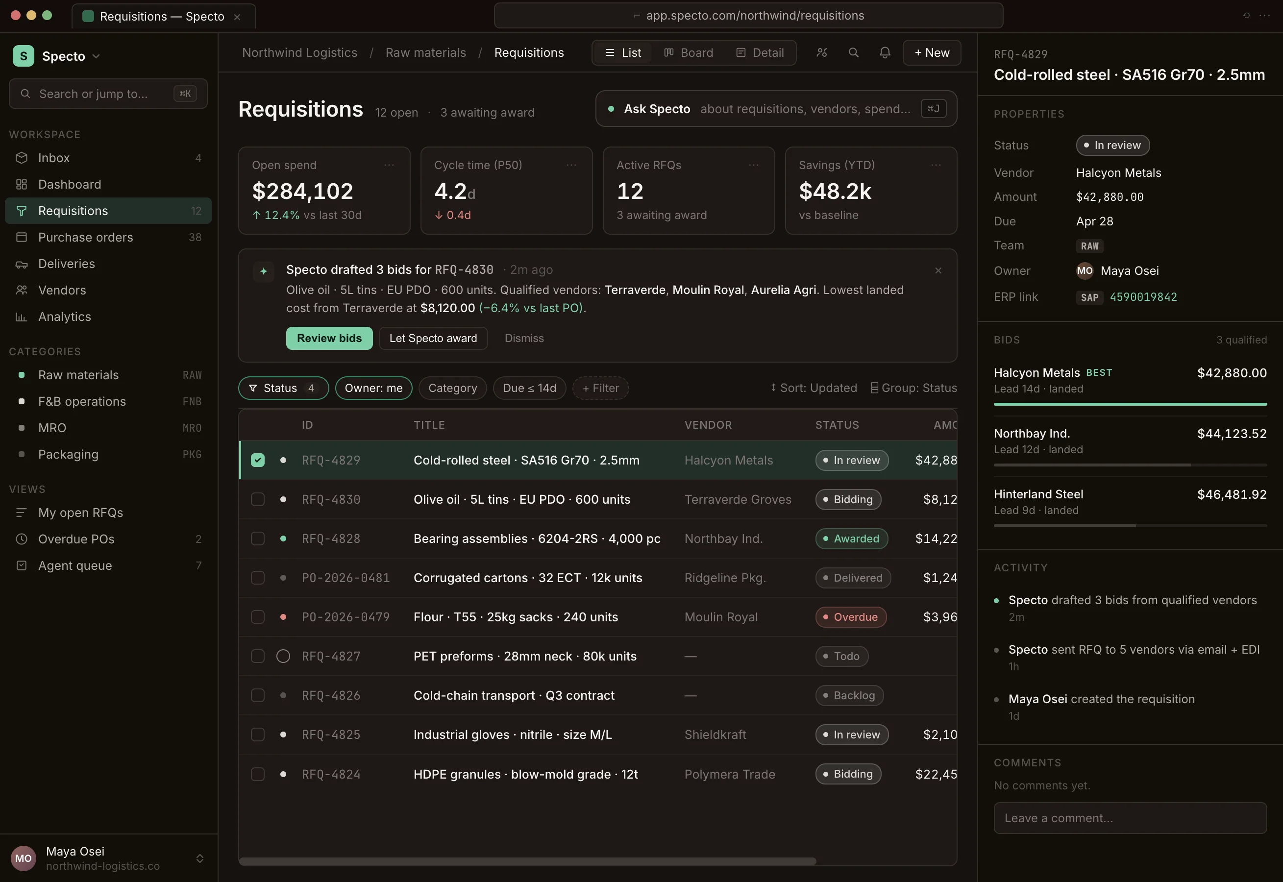 Spaceflow dashboard showing requisitions, vendor bids, and agent activity